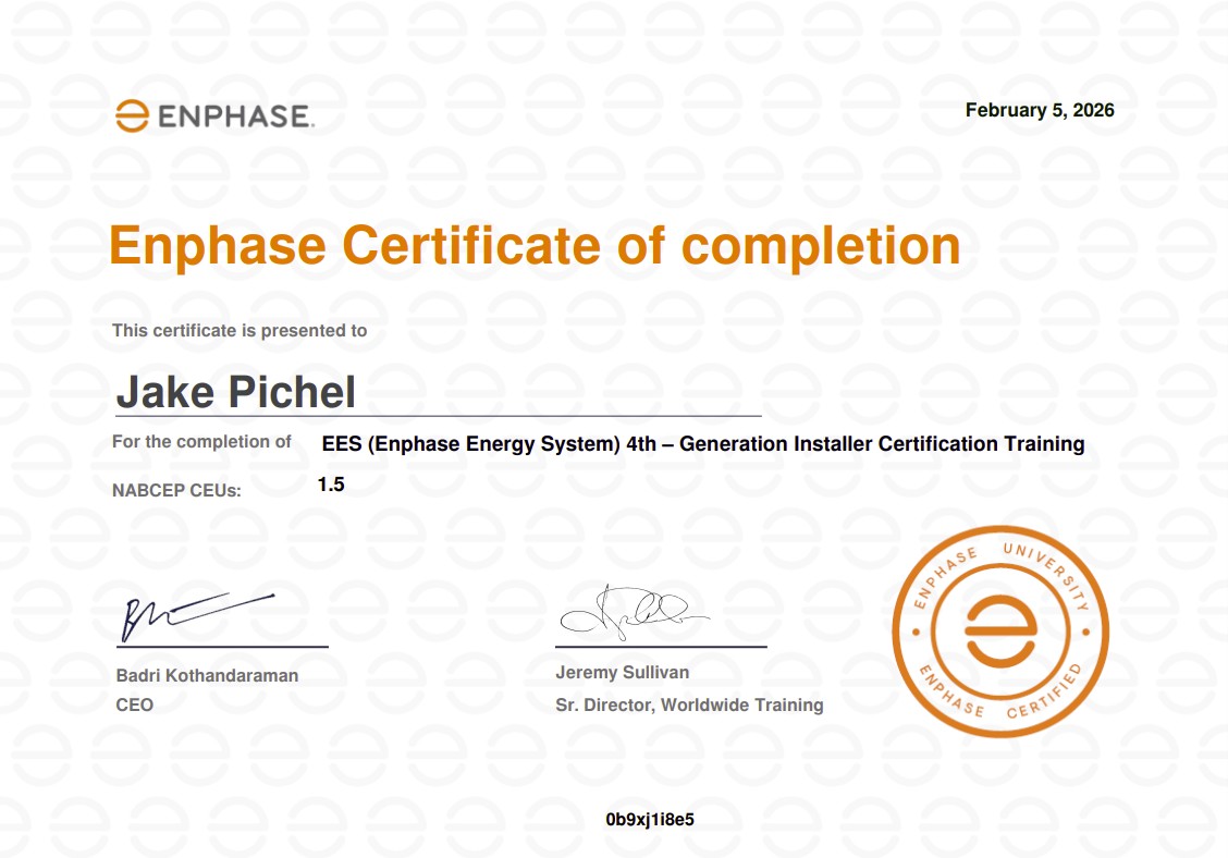 Enphase 4th-generation installer certification awarded to Jake Pichel